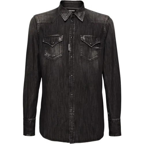 Klassisches Western Denim Hemd Schwarz , Herren, Größe: L - Dsquared2 - Modalova