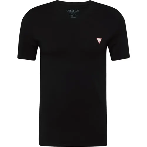 Schwarzes T-Shirt mit V-Ausschnitt und bedrucktem Logo , Herren, Größe: S - Guess - Modalova