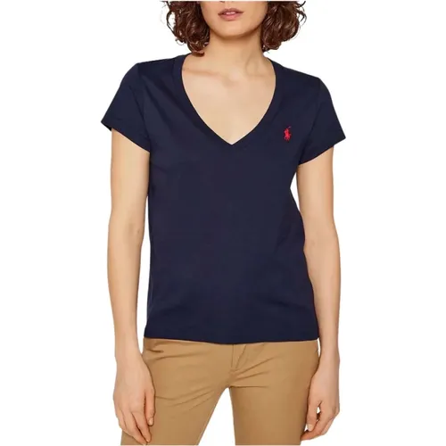 Elegantes V-Ausschnitt Baumwoll-T-Shirt , Damen, Größe: S - Ralph Lauren - Modalova