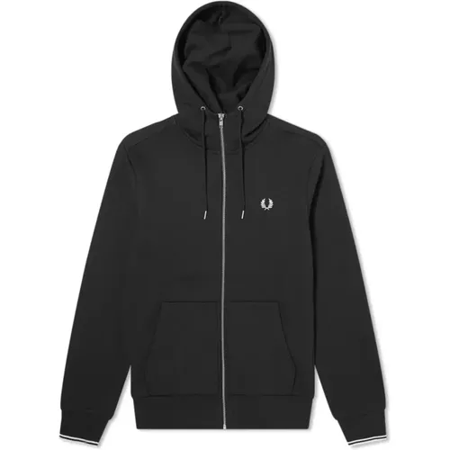 Schwarzer Kapuzenpullover mit Reißverschluss und Kontrastbesatz , Herren, Größe: 2XL - Fred Perry - Modalova