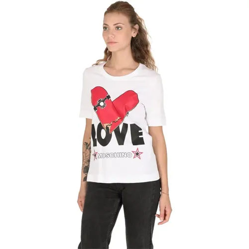 Weißes Baumwoll-T-Shirt mit Einlage - Love Moschino - Modalova