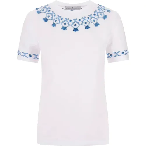 Crew-neck T-shirt with Blue Embroidery , female, Sizes: S, M, 2XS, XS - Ermanno Scervino - Modalova