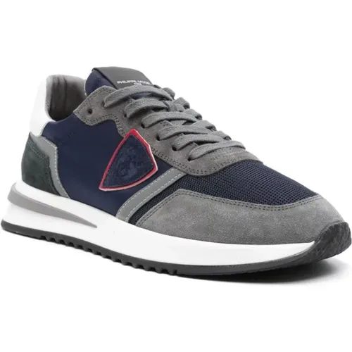 Blue Gray Nylon Suede Sneaker , male, Sizes: 7 UK, 8 UK, 9 UK, 6 UK - Philippe Model - Modalova