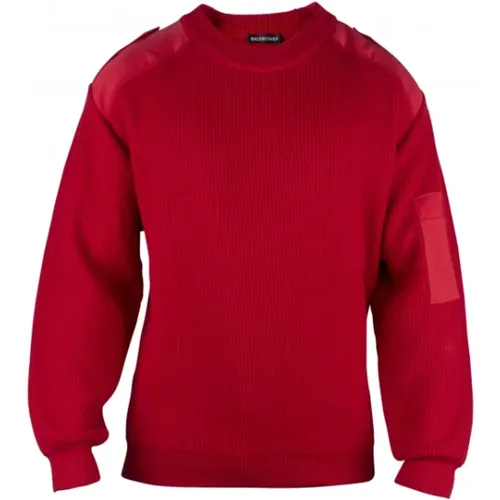 Roter Rippstrickpullover aus Wolle mit Besticktem Logo - Balenciaga - Modalova