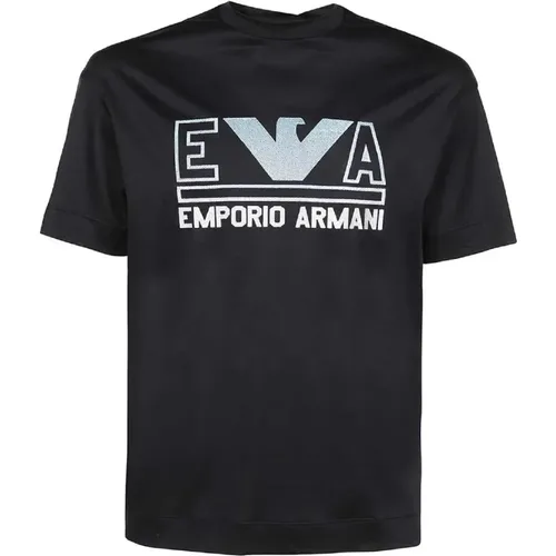 Navy Blue Short Sleeve Jersey T-Shirt with Maxi Logo Lettering and Aquila Azzurro Logo , male, Sizes: 2XL - Emporio Armani - Modalova