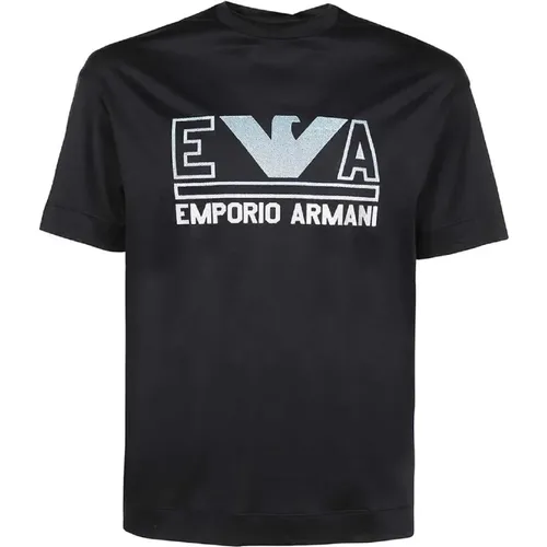 Navy Blue Short Sleeve Jersey T-Shirt with Maxi Logo Lettering and Aquila Azzurro Logo , male, Sizes: L, 2XL - Emporio Armani - Modalova