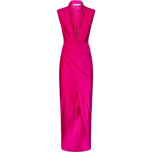 Fuchsia Kleid mit Tiefem V-Ausschnitt und Metallketten-Detail , D, Größe: S - Amen - Modalova