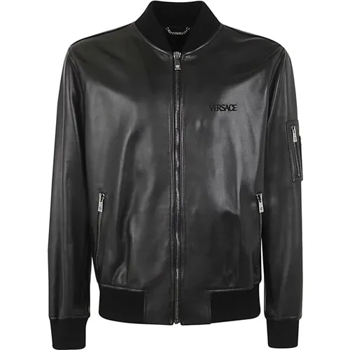 Leather Blouson with Embroidery , male, Sizes: M - Versace - Modalova