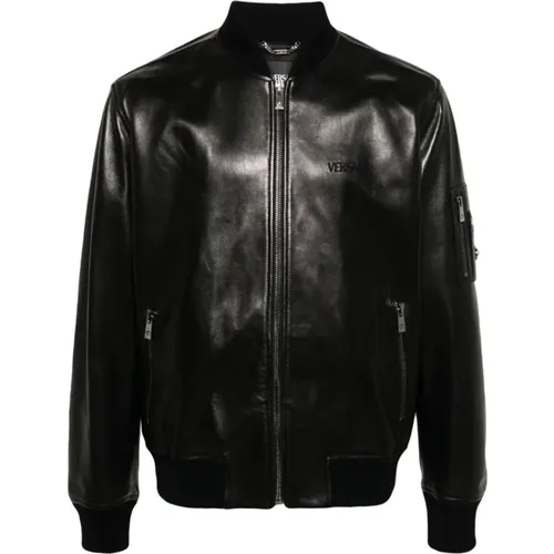 Schwarze Jacke mit Besticktem Logo - Versace - Modalova