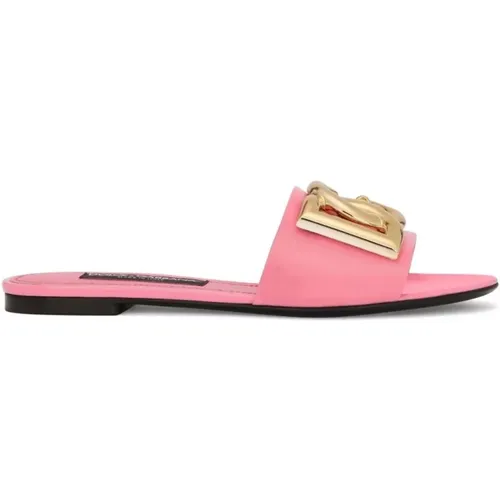 Rosa Logo-Plaque Ledersandalen , Damen, Größe: 39 EU - Dolce & Gabbana - Modalova