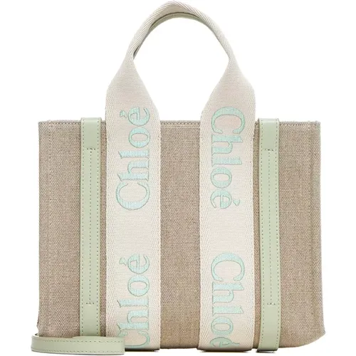 Canvas Tote Bag with Green Leather Strap , female, Sizes: ONE SIZE - Chloé - Modalova