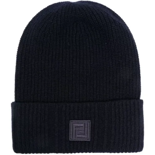 Blue Beanie with Label , male, Sizes: L, ONE SIZE - Fendi - Modalova