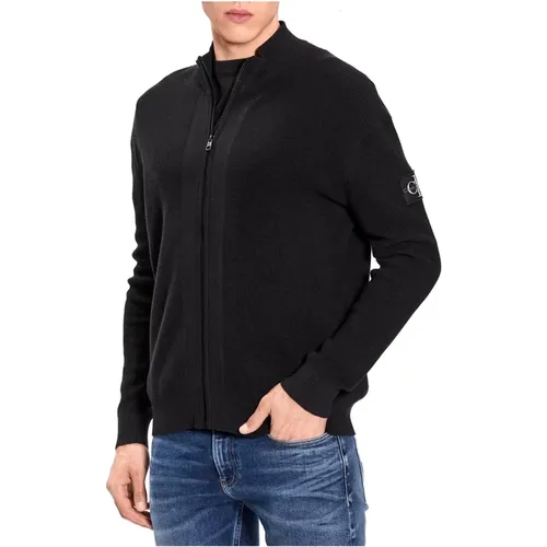 Schwarzer Zip-Pullover mit Logo am Ärmel , Herren, Größe: L - Calvin Klein - Modalova