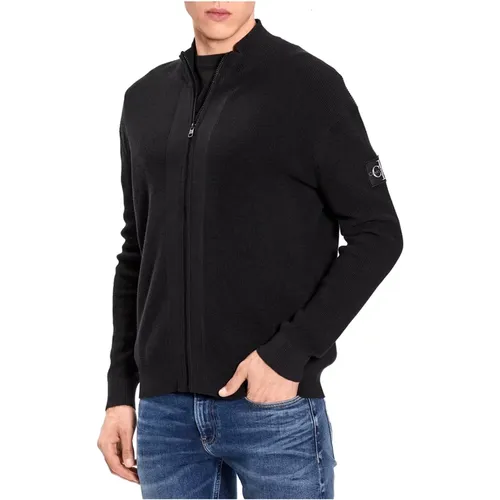 Schwarzer Zip-Pullover mit Logo am Ärmel , Herren, Größe: M - Calvin Klein - Modalova