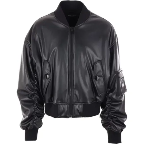 Eco-Leather Bomber Jacket with Ribbed Trims , male, Sizes: L - Dolce & Gabbana - Modalova