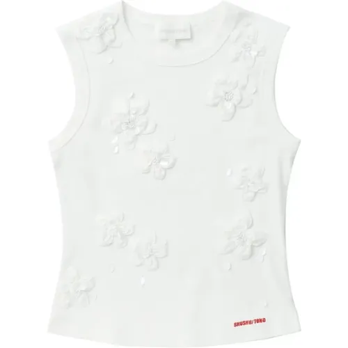 Blumenapplikation Perlenverziertes Ärmelloses T-Shirt , Damen, Größe: S - Shushu/Tong - Modalova
