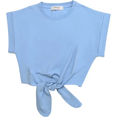 Blaues Cropped Kinder T-Shirt mit Knotendetail vorne - ViCOLO - Modalova