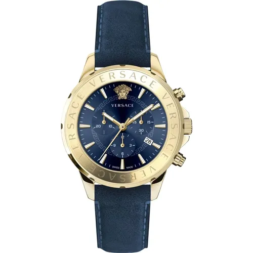 Chronograph Signature Blaue Lederuhr - Versace - Modalova
