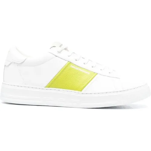 Leather Sneakers with Lime Green Contrasting Inserts and Logo Lettering - Size 44 , male, Sizes: 8 UK - Emporio Armani - Modalova