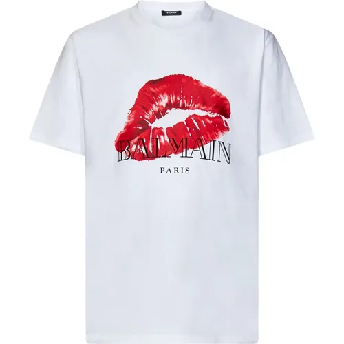 Weißes T-Shirt mit Kussdruck,T-Shirt mit Grafikdruck - Balmain - Modalova