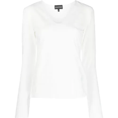 Weißer V-Ausschnitt Pullover mit Herz-Motiv , Damen, Größe: M - Emporio Armani - Modalova