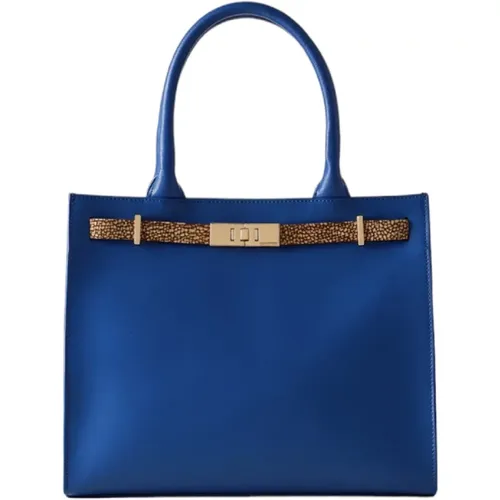 Blaue Leder-Medium-Einkaufstasche mit Wildledereinsatz - Borbonese - Modalova