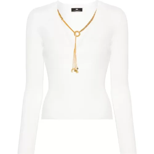 Weißer Pullover mit V-Ausschnitt und Goldkette - Elisabetta Franchi - Modalova