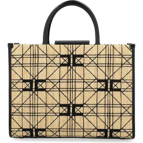 Natürliche Jacquard Shopper Tasche mit schwarzem Logo-Print - Elisabetta Franchi - Modalova