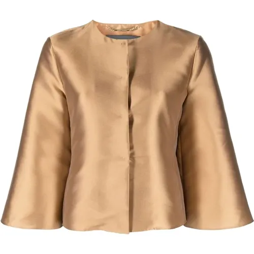 Golden Satin Jacket with Pleat Detailing , female, Sizes: 2XL - alberta ferretti - Modalova