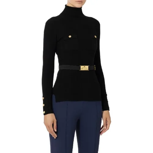 Ribbed viscose and silk turtleneck sweater with logo embroidery , female, Sizes: M, S, L, XL - Elisabetta Franchi - Modalova