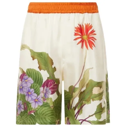 Blumige Seiden-Bermuda-Shorts mit orangefarbenem elastischem Gürtel - Pierre-Louis Mascia - Modalova