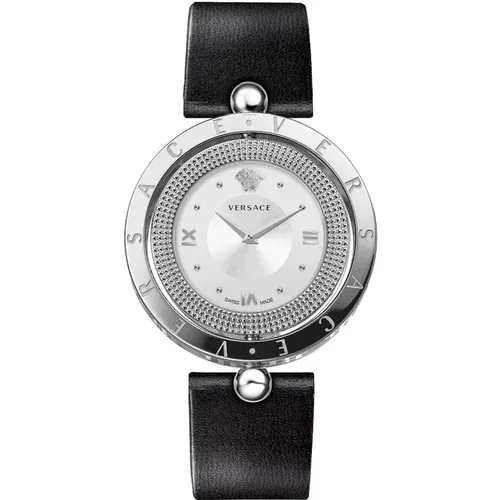 Stylish Ladies Leather Watch, Quartz, Black , female, Sizes: ONE SIZE - Versace - Modalova