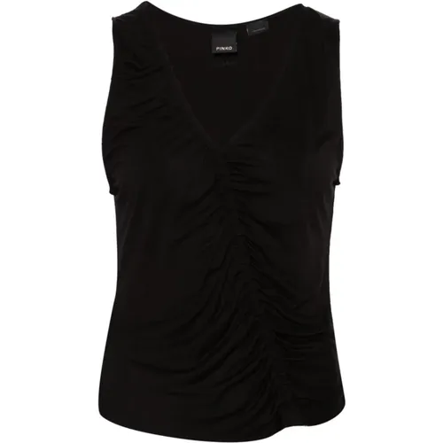 Schwarzes V-Ausschnitt Jersey Top mit Rüschendetails , Damen, Größe: XS - pinko - Modalova