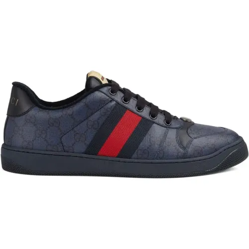 Dark /Black Low-Top Sneakers with Web Detail , male, Sizes: 9 1/2 UK - Gucci - Modalova