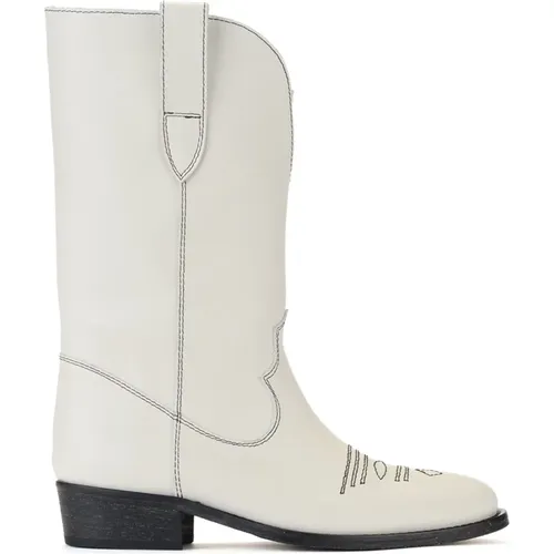 Weiße Leder Texano Stiefel mit Schwarzen Nähten , Damen, Größe: 36 EU - Via Roma 15 - Modalova