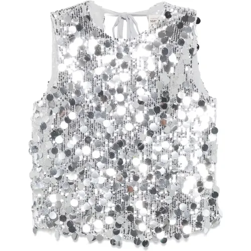 Silver Sequin Sleeveless Crew Neck Top , female, Sizes: S, XS, M - Semicouture - Modalova