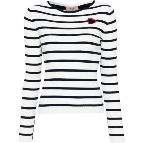 Striped Ribbed Sweaters with Embroidered Cut-out Details , female, Sizes: M - Twinset - Modalova
