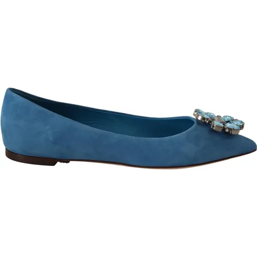 Blaue Wildleder Kristall Loafers Flache Schuhe , Damen, Größe: 36 EU - Dolce & Gabbana - Modalova