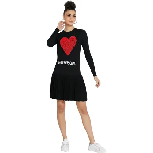 Schwarzes Acrylkleid mit geprägtem Herzmuster , Damen, Größe: XS - Love Moschino - Modalova
