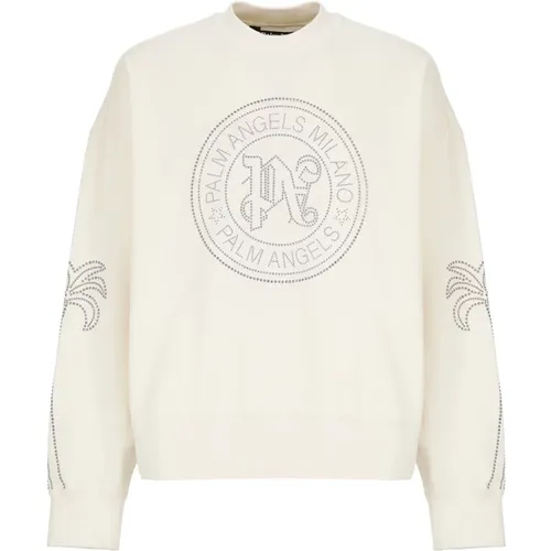 Studded Crewneck Sweatshirt Ivory , Herren, Größe: M - Palm Angels - Modalova