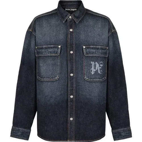 Denim Overshirt mit Kontrastfarbenem Logo - Palm Angels - Modalova