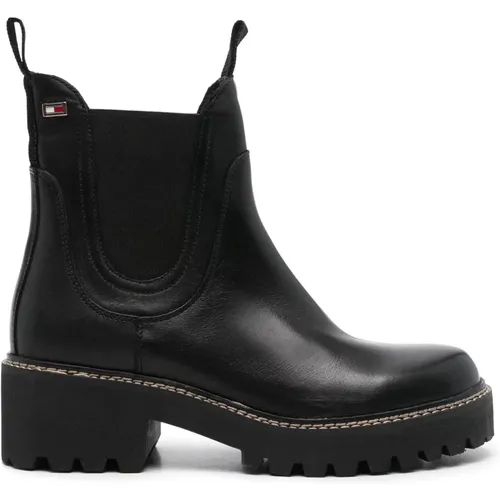 Schwarze Leder Chelsea Mittel Absatz Stiefel , Damen, Größe: 36 EU - Tommy Hilfiger - Modalova