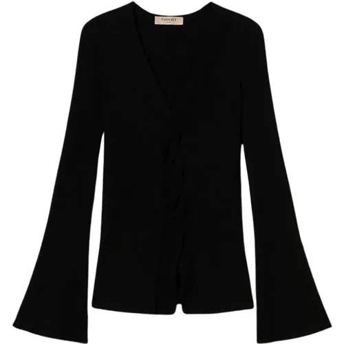 Schwarze Gerippte V-Ausschnitt Pullover , Damen, Größe: XS - Twinset - Modalova