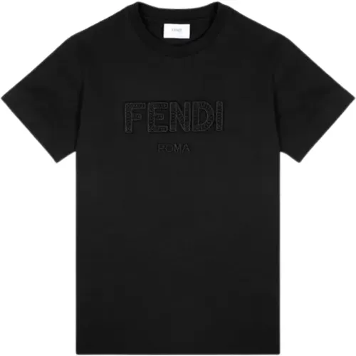 Schwarzes Kinder-T-Shirt mit Logo-Stickerei - Fendi - Modalova