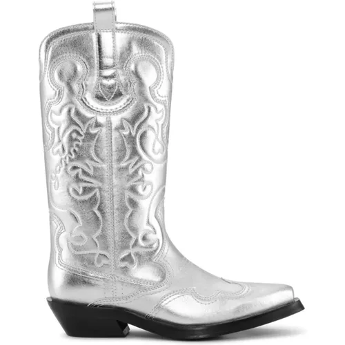 Silberne Metallic-bestickte Slip-On Stiefel , Damen, Größe: 37 EU - Ganni - Modalova