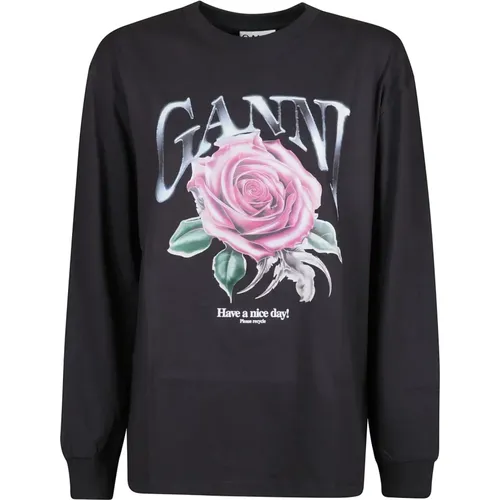 Rose Long Sleeve Jersey T-shirt , female, Sizes: M, S, XS - Ganni - Modalova