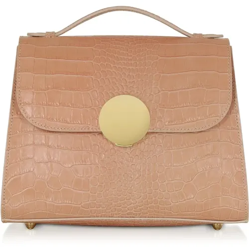 Bombo Croco Embossed Leather Top-Handle Satchel Bag w/Strap , female, Sizes: ONE SIZE - Le Parmentier - Modalova