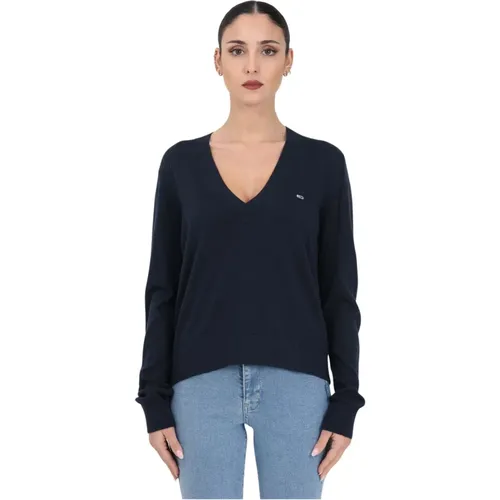 Blaue Baumwoll V-Ausschnitt Pullover für Damen - Tommy Jeans - Modalova
