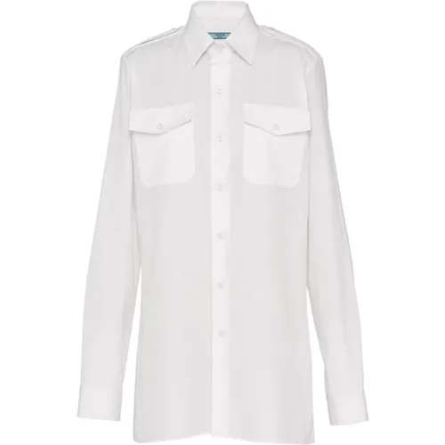 Weiße Oversize Baumwollpopeline Hemd mit Dreieckslogo - Prada - Modalova