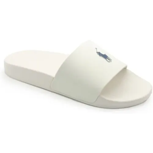 Weiße und Blaue Slide Sandalen , Herren, Größe: 45 EU - Ralph Lauren - Modalova